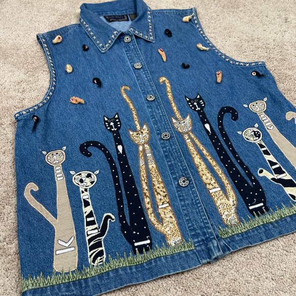 Life Style Vest Woman XL Denim Cat Lady Embroidered Appliqué Wacky Fun Funky Art - Picture 2 of 10
